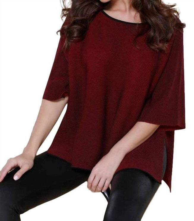 2-TONE HIGH SLIT SWEATER PONCHO IN WINE, Wine / Red, hi-res image number 0