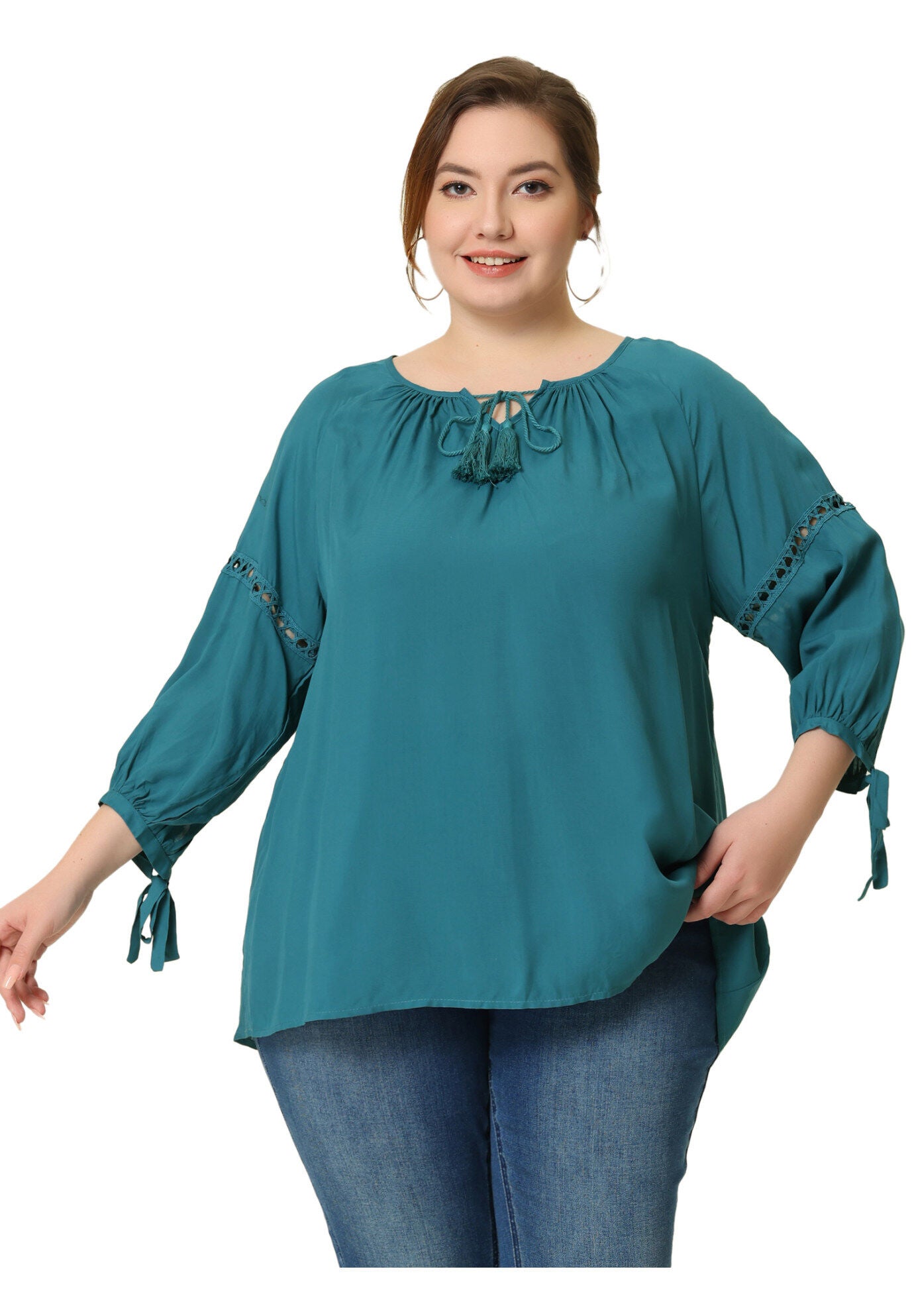 RAGLAN SLEEVES HOLLOW OUT TIE NECK PEASANT TOP, Peacock Blue / Azure Blue, alternate image number 2