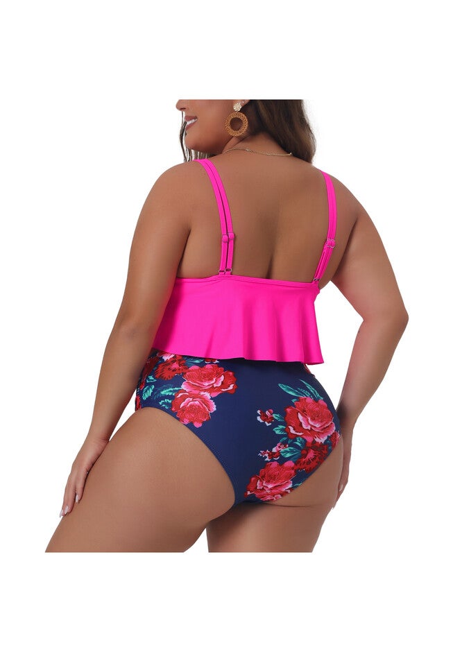 Bikini Swimsuit Floral Print High Waist Ruched 2 Piece Set, Hot Pink / Deep Fuchsia, alternate image number 3
