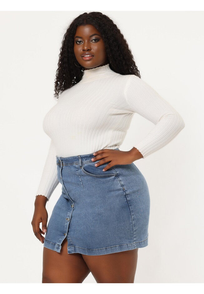 BUTTON SIDE POCKET A LINE JEAN MINI DENIM SKIRT, Sky Blue / Light Blue, alternate image number 1