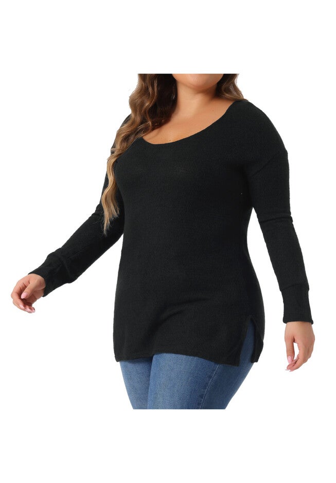 V Neck Waffle Knit Long Sleeve Shirt Basic Top, Black / Black, alternate image number 1