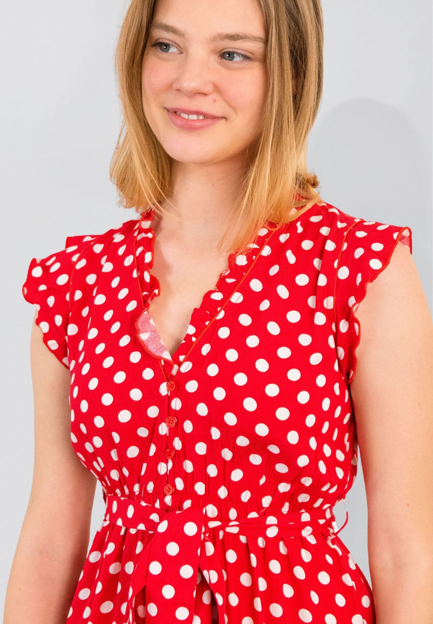 Annick - Natasha Polka Dot Short Dress with Belt, Pockets, and Ruffle Trim, Red / Red, alternate image number 2