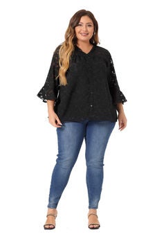 Ruffle V Neck 3/4 Bell Sleeve Semi Sheer Blouse