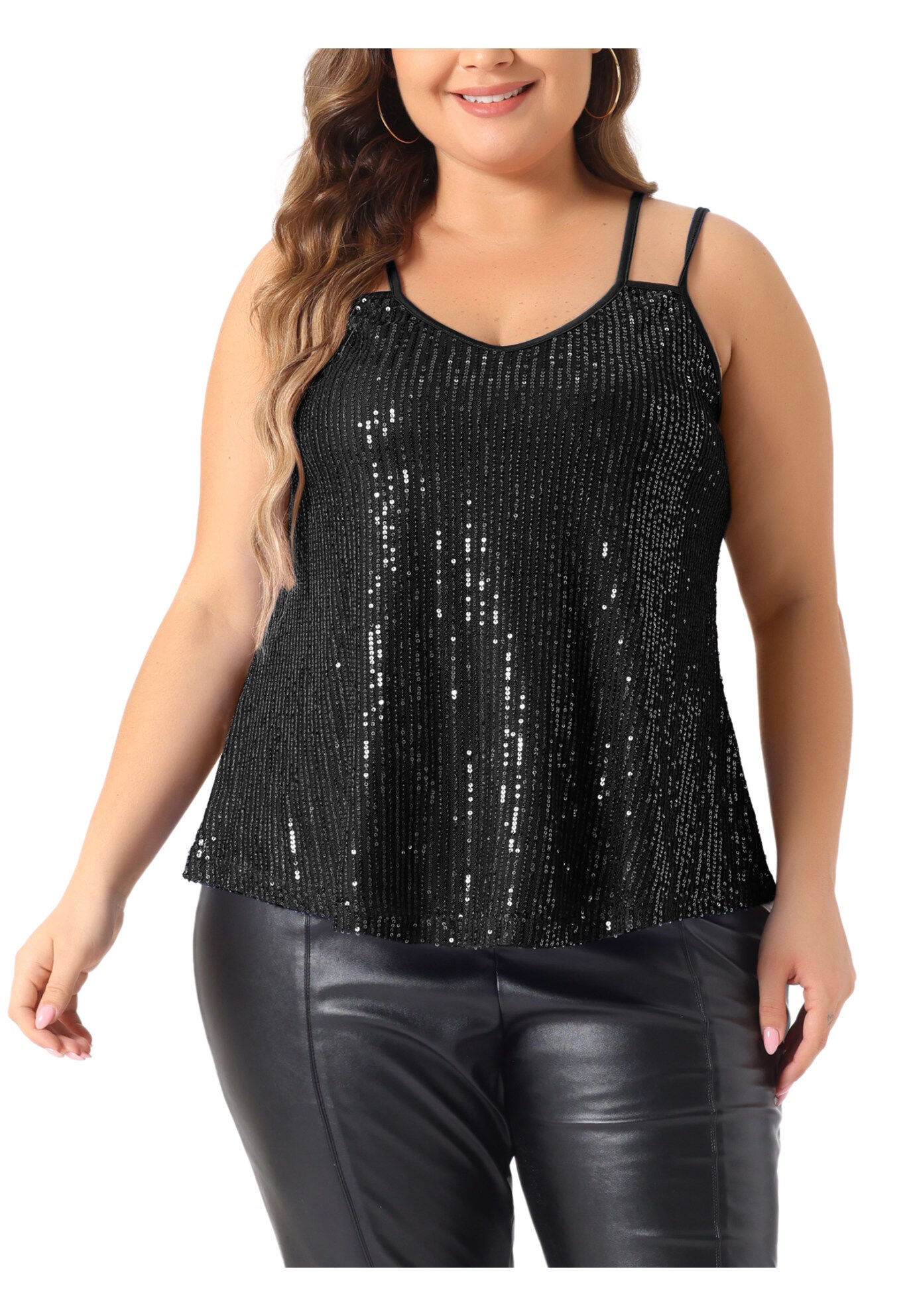 Metallic Spaghetti Strap Cami Party Tank Sequin Top, Black / Black, alternate image number 2