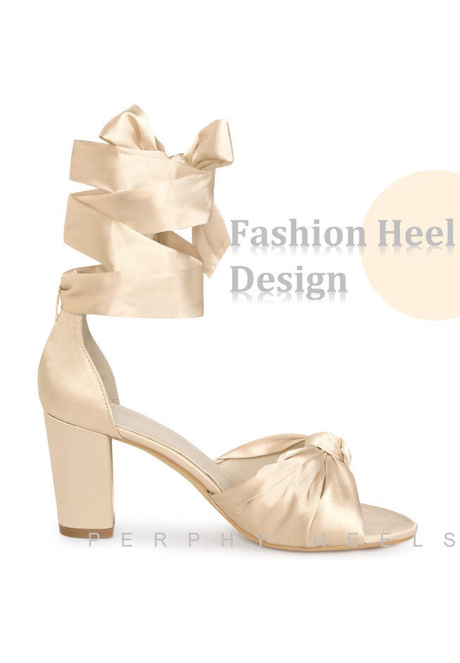 Satin Open Toe Lace Up Block Heels Sandals, Champagne / Gold, hi-res image number null