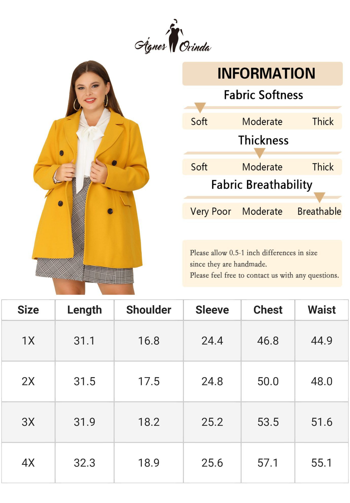 NOTCHED LAPEL DOUBLE BREASTED COAT, Mustard Yellow / Yellow, alternate image number 3