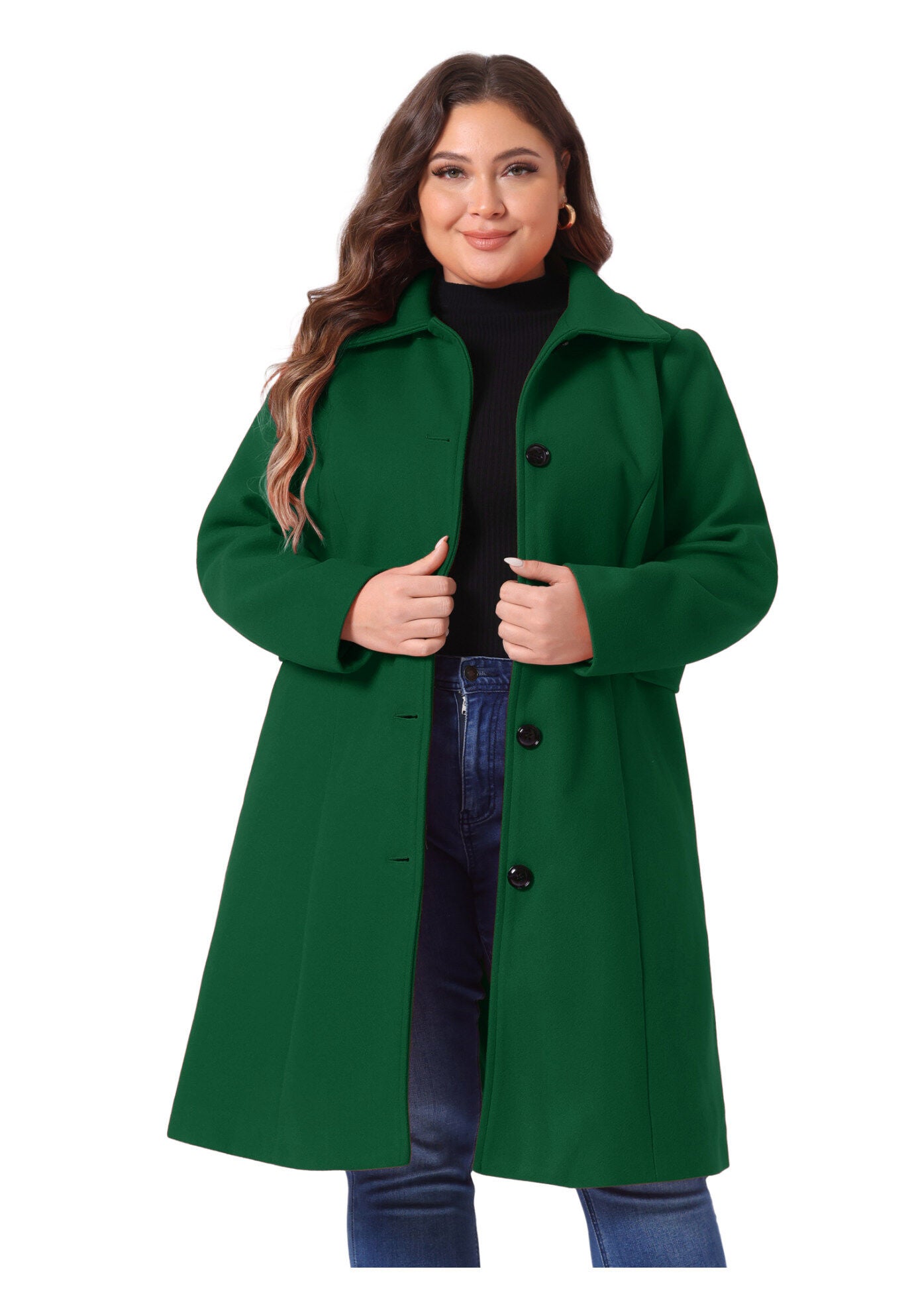 SINGLE BREASTED BELTED WINTER LONG COAT, Dark Green / Forest Green, alternate image number 2