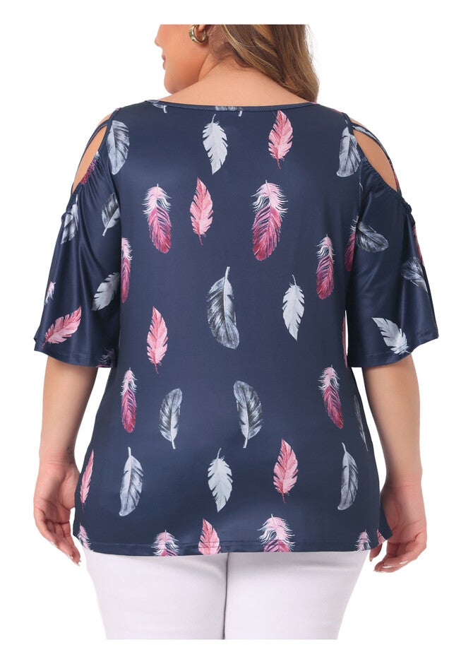 Cold Shoulder Feather Print Round Neck Summer Top, Navy Blue / Navy, alternate image number 3