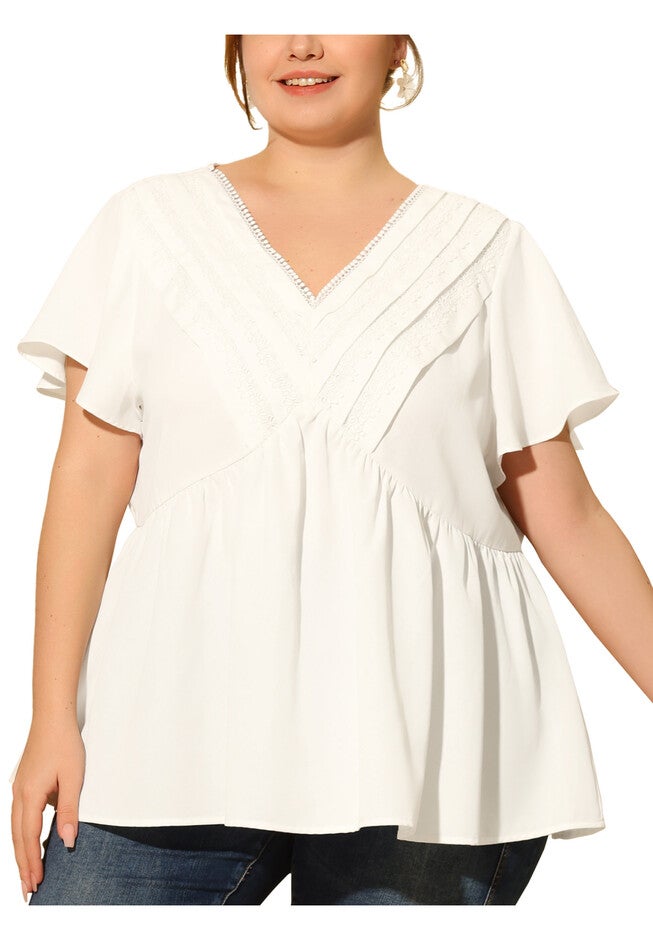 V NECK FLARE SLEEVE RUFFLE PEPLUM WRAP BLOUSE TOP, White / White, alternate image number 2