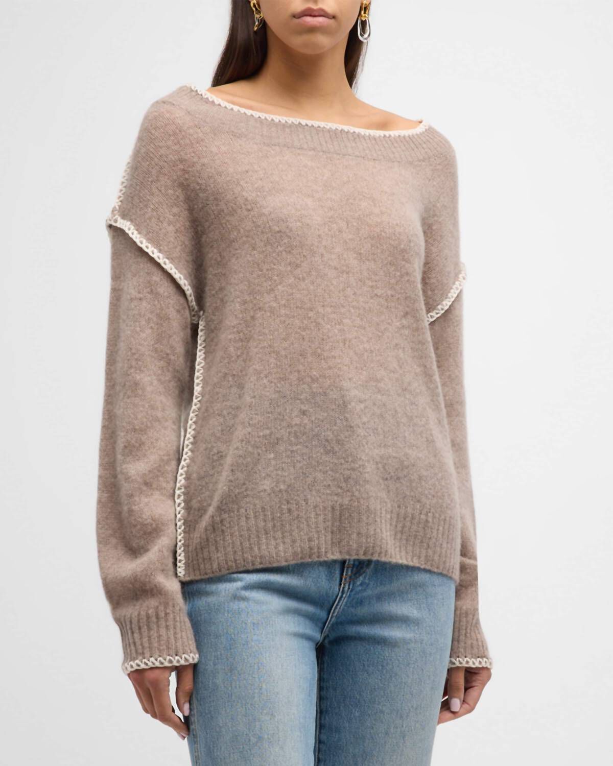 FEATHERWEIGHT CASHMERE EMBROIDERED CREWNECK SWEATER IN TIMBER, Timber / Brown, hi-res image number 0