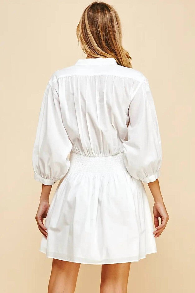 MOLLY MANDARIN COLLAR SMOCKED MINI DRESS IN WHITE, , alternate image number null