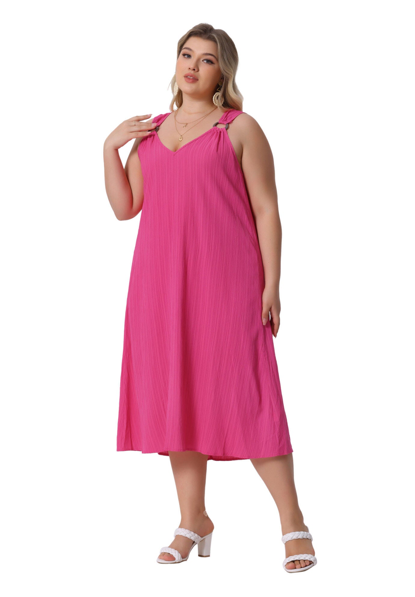 Summer Ring Strap Loose V Neck Sleeveless Sundress, Hot Pink / Deep Fuchsia, hi-res image number 0