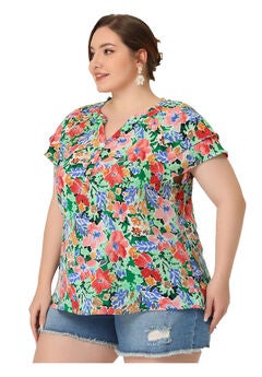 Floral Ruffle Trim V Neck Layered Sleeve Blouse