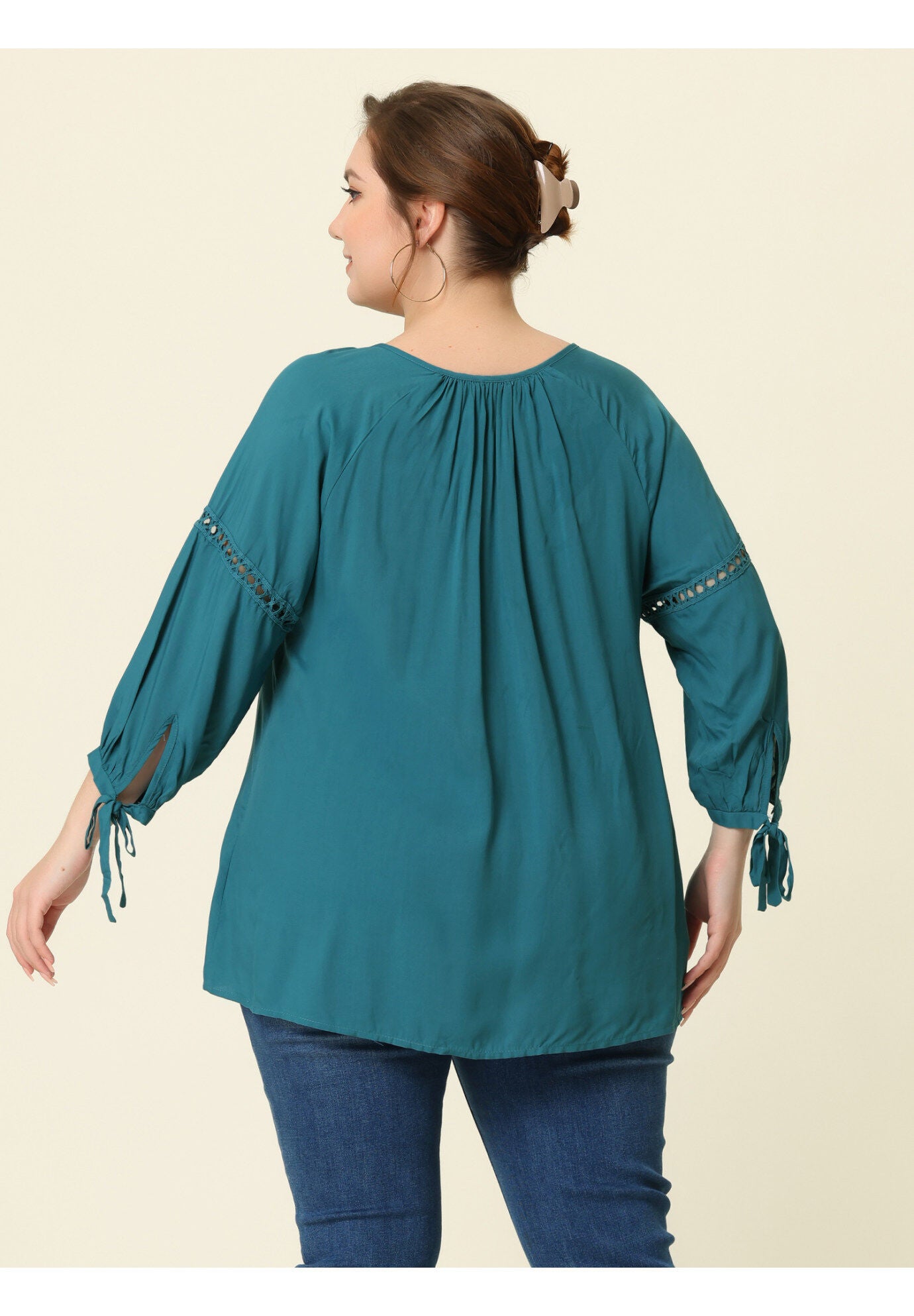 RAGLAN SLEEVES HOLLOW OUT TIE NECK PEASANT TOP, Peacock Blue / Azure Blue, alternate image number 3