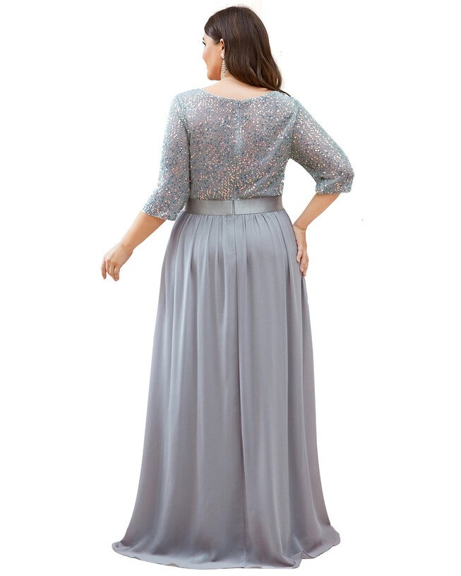 3/4 Sleeves Round Neck Evening Dress With Sequin Bodice, Silver / Silver, alternate image number 1