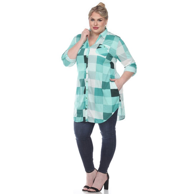 Plaid Button Down Tunic Shirt, Green White / Light Green, alternate image number 1