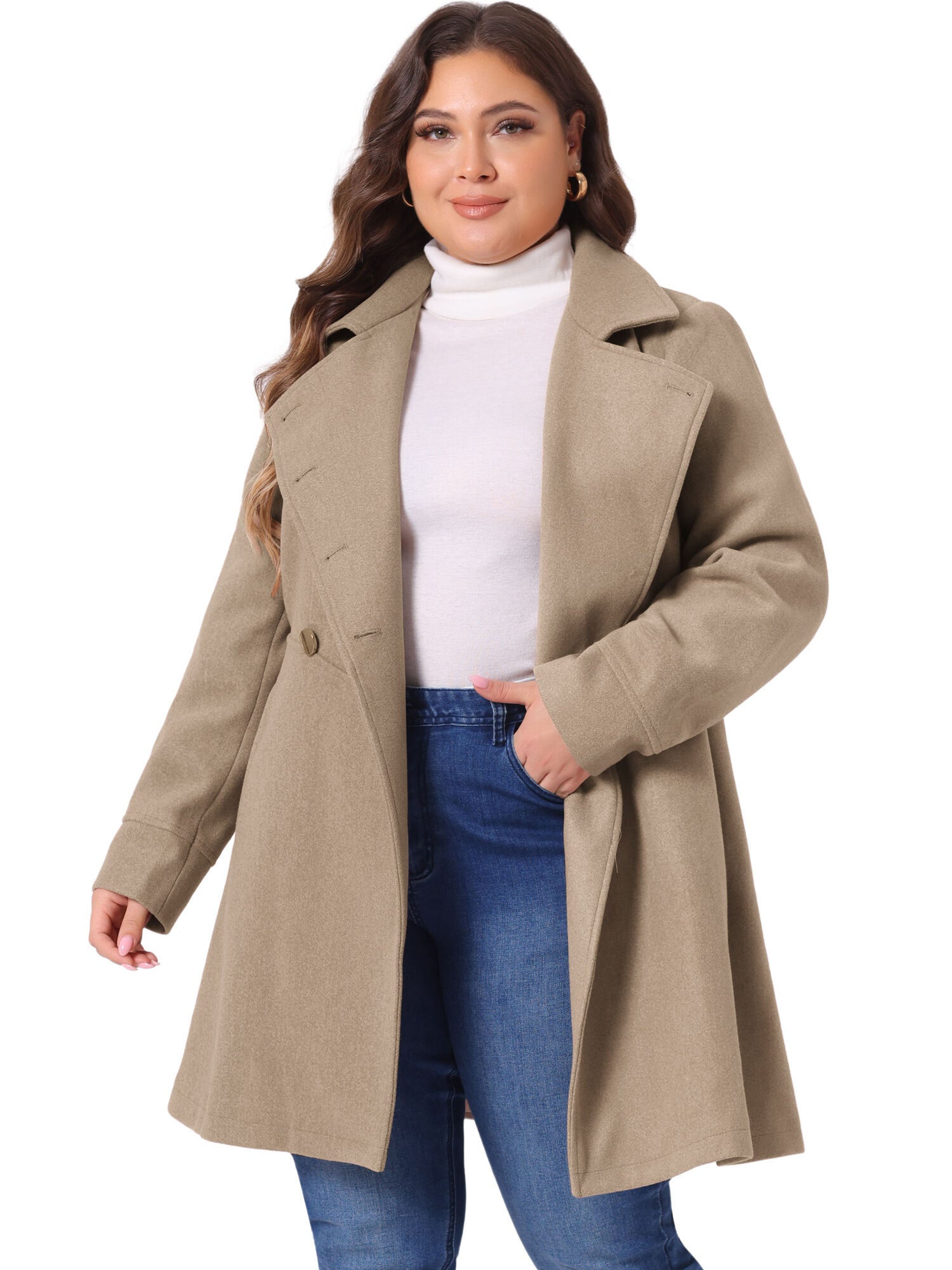 A-LINE PETER PAN COLLAR DOUBLE BREASTED PEACOAT, Light Brown / Brown, alternate image number 2