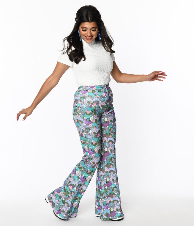 Smak Parlour Teal Groovy Mushrooms Find Your Flare Pants, Teal purple green Mushroom print / Teal, hi-res image number 0