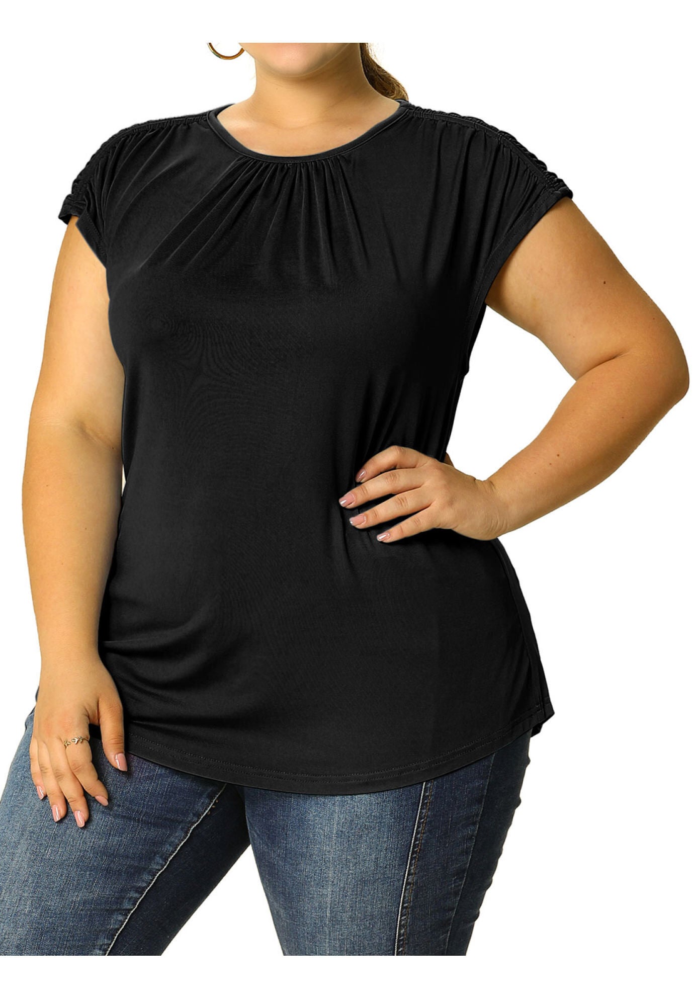 ROUND NECK RUCHED SHORT SLEEVE CASUAL TOP, Black / Black, alternate image number 2