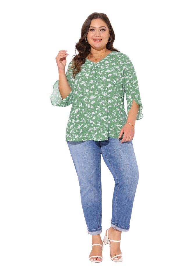 3/4 Sleeve V Neck Chiffon Shirt Tunic Top, Green / Light Green, hi-res image number 0