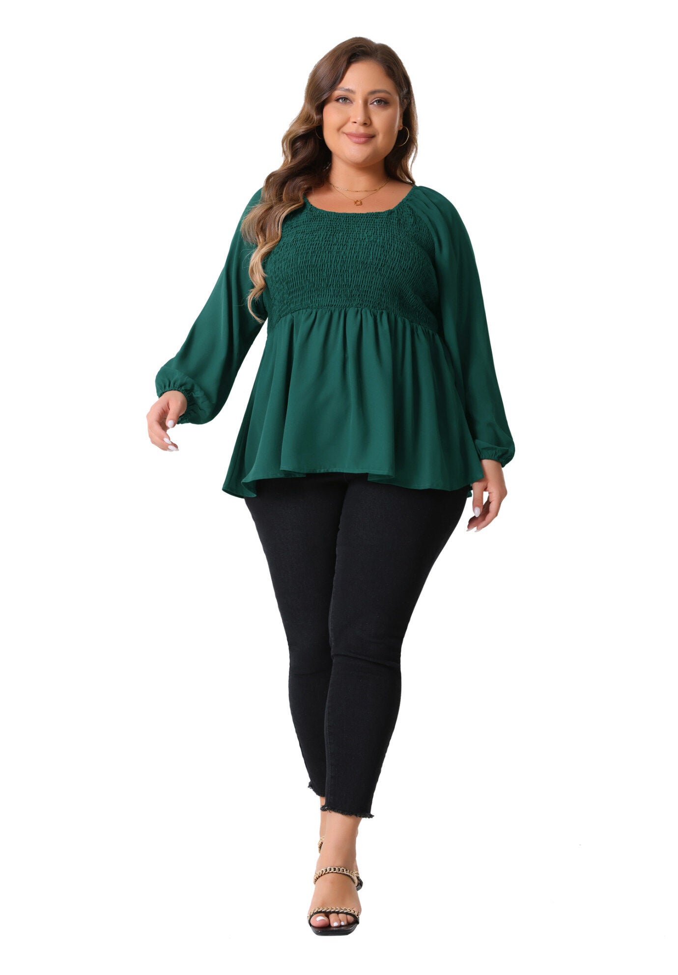 Smocked Peplum Crew Neck Long Sleeve Babydoll Chiffon Shirt Top, Green / Hunter Green, hi-res image number 0