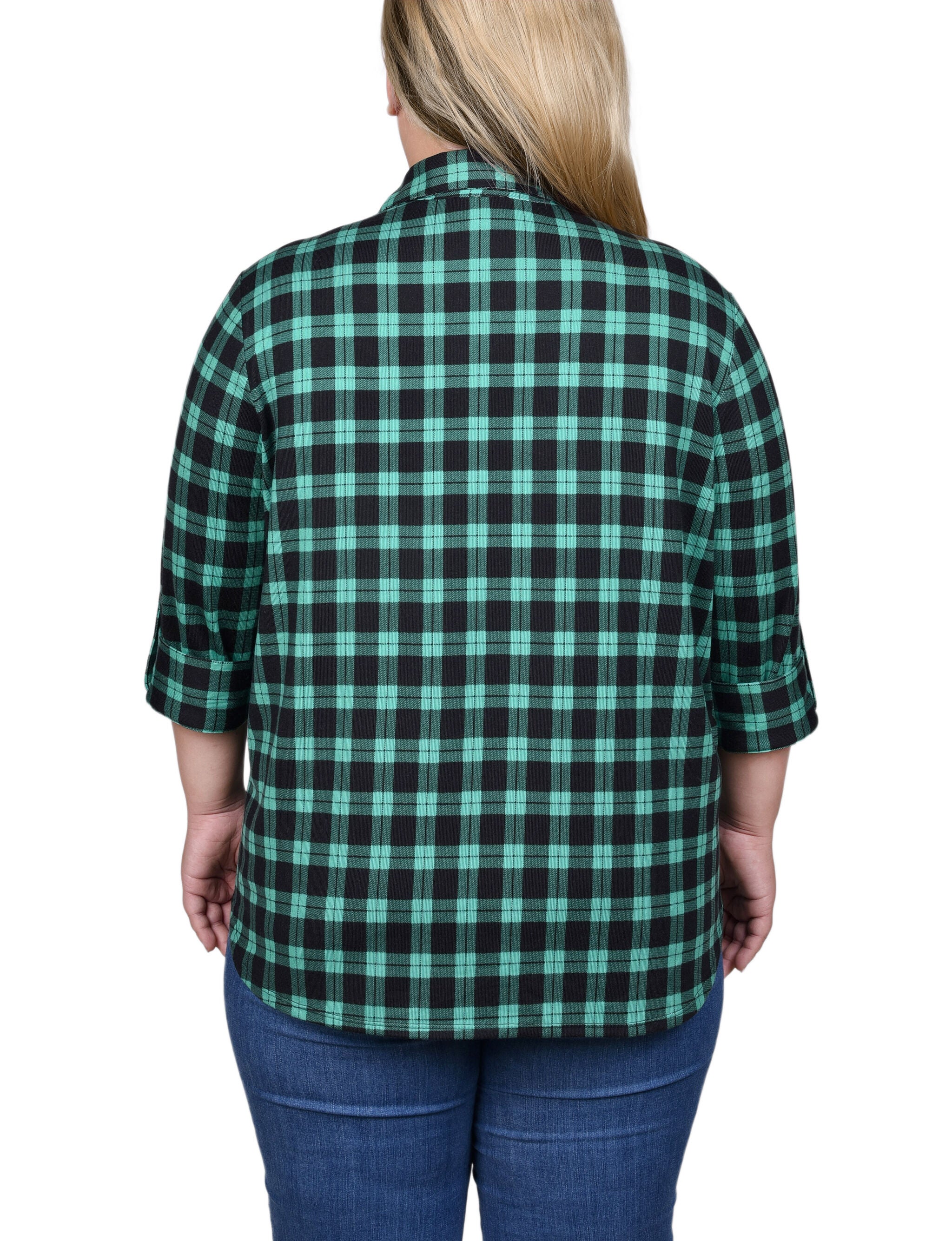 Long Sleeve Button Front Tunic Top, Green Black Plaid, alternate image number 1