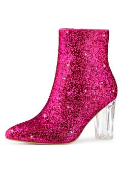 CLEAR BLOCK HEEL GLITTER PARTY BOOTS