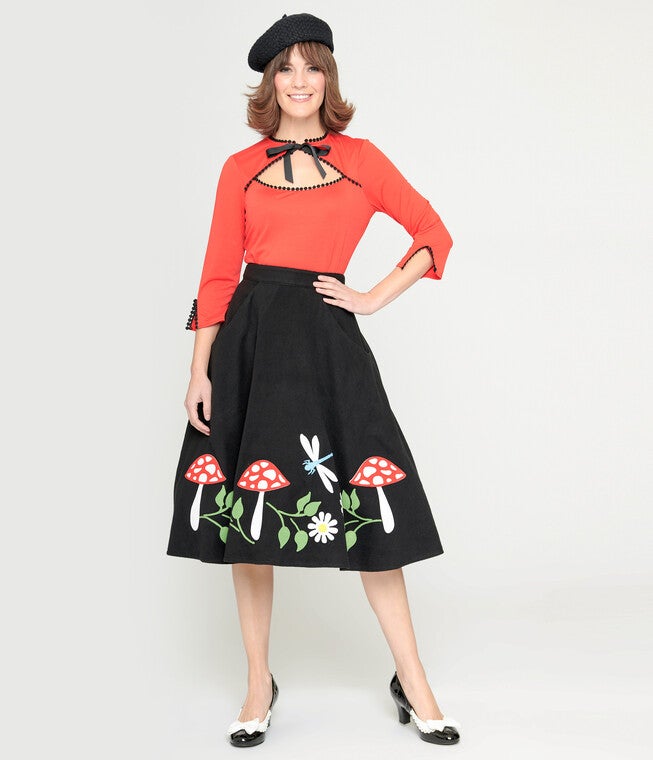 Unique Vintage Black & Mushroom Soda Shop Swing Skirt, Black  Mushroom / Black, hi-res image number 0