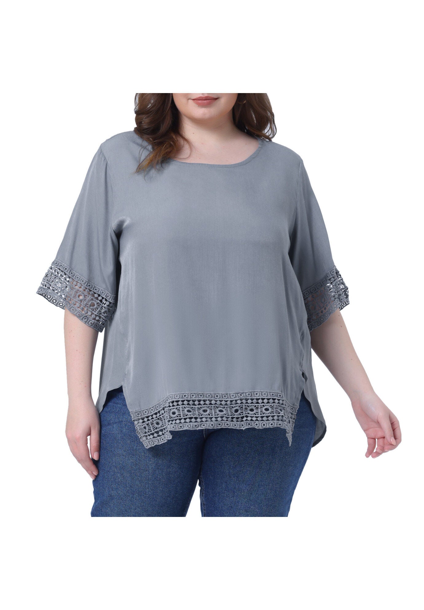Crewneck Lace Crochet Short Sleeve Casual Loose Top, Light Gray / Light Grey, alternate image number 2