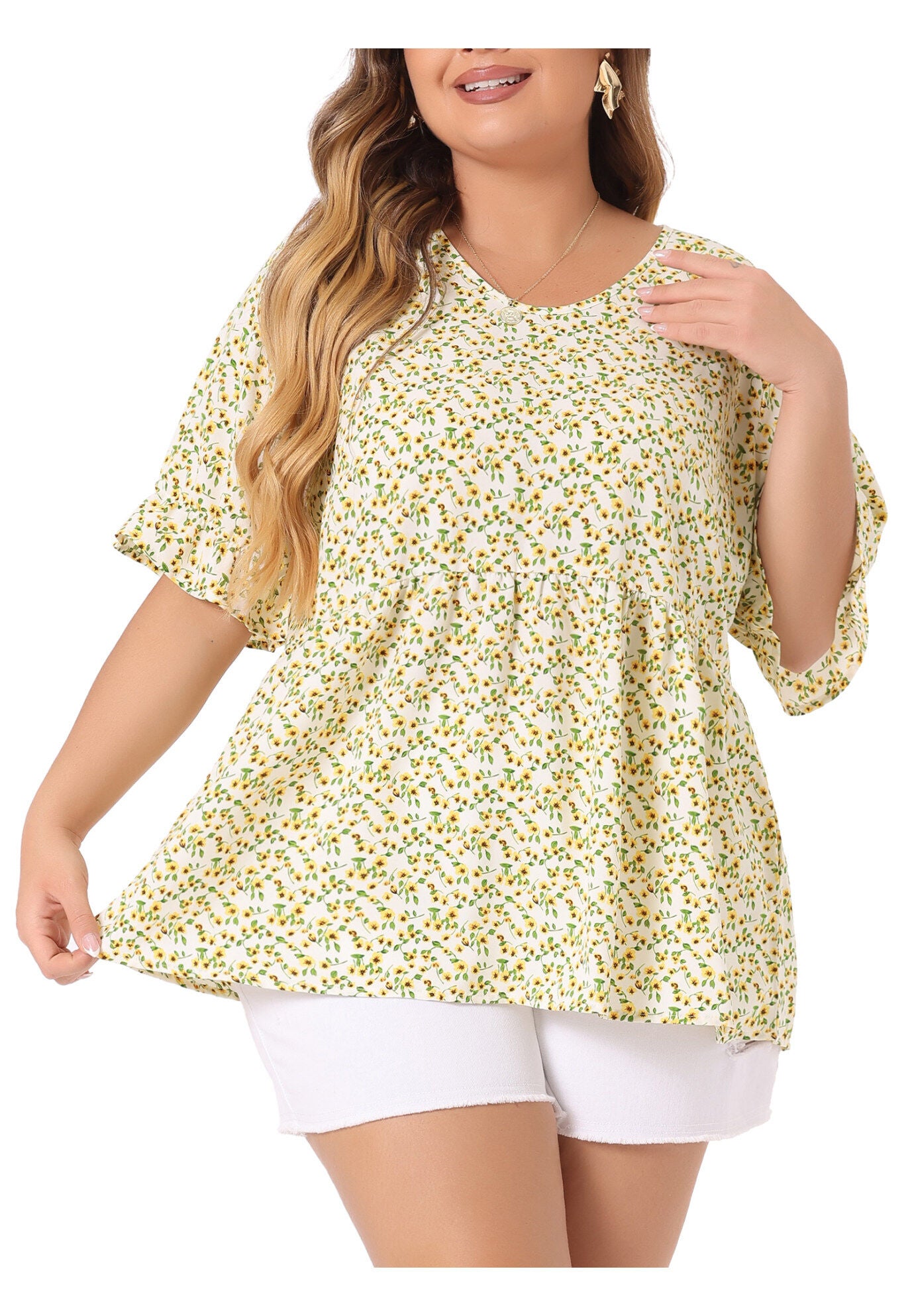Floral Peplum Top V Neck Ruffle Short Sleeve Babydoll Blouse, Light Yellow / Light Yellow, alternate image number 1