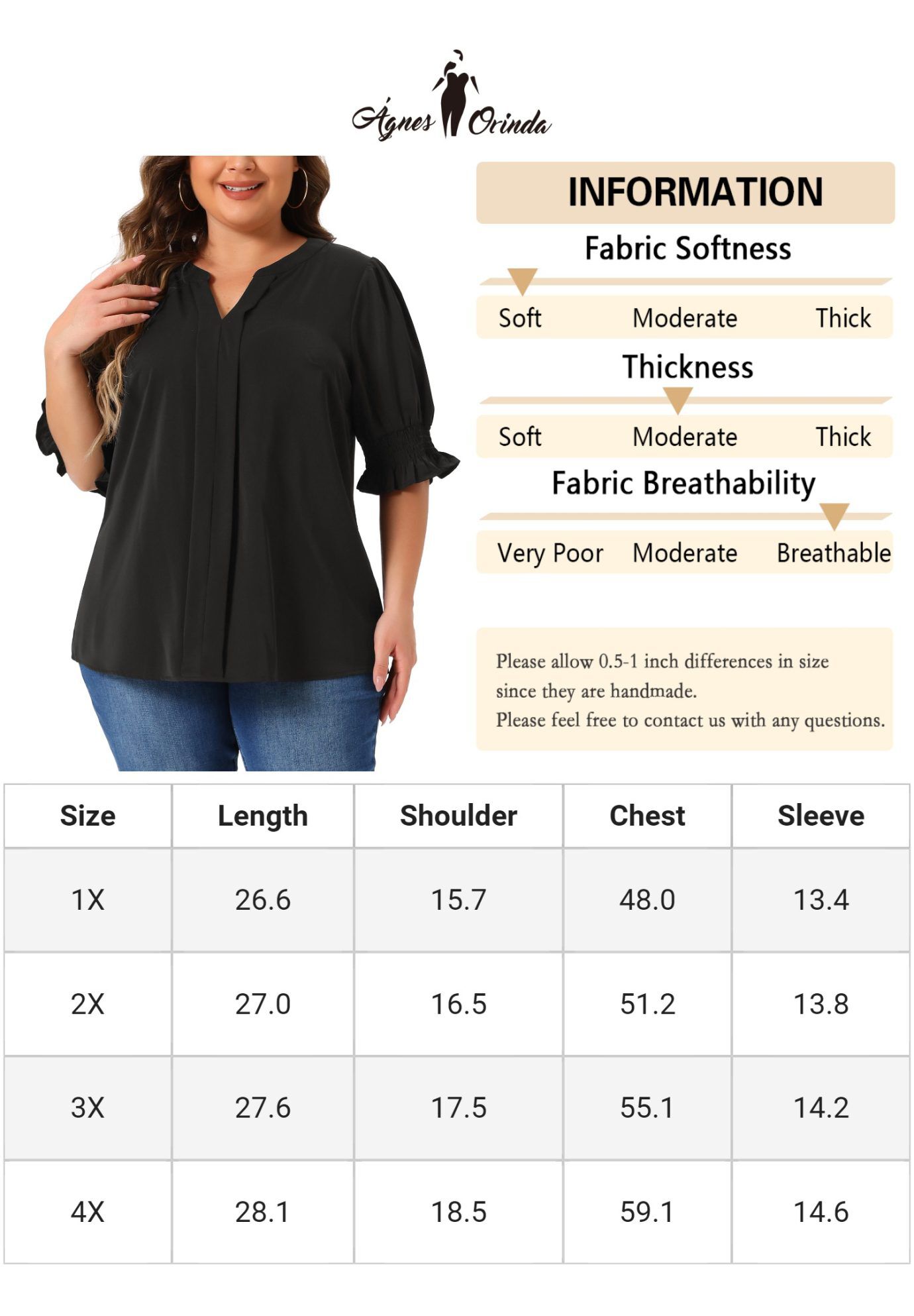 Notched V Neck Puff Short Sleeve Blouse Top, Black / Black, alternate image number 4