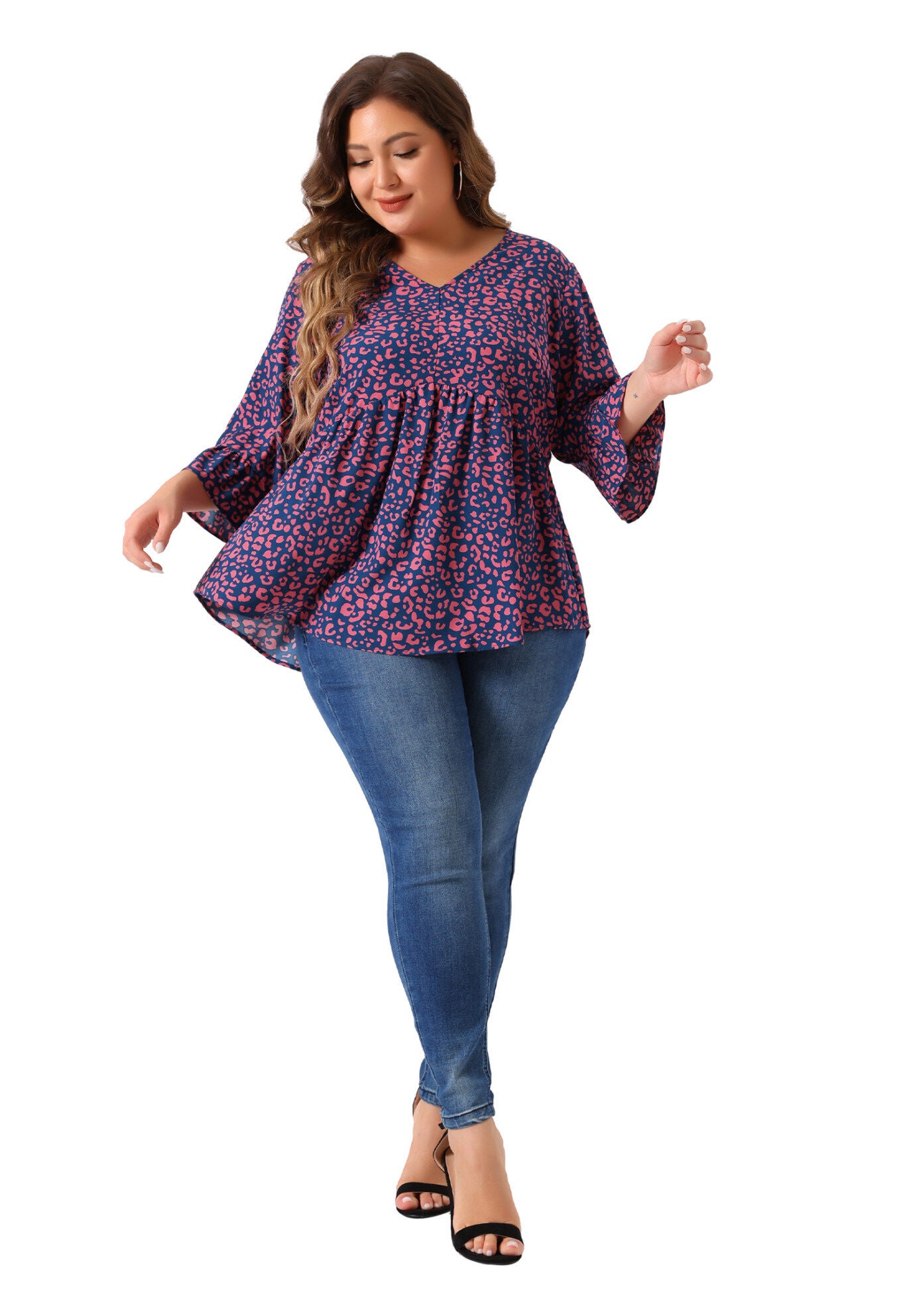 Polka Dots Blouse 3/4 Ruffle Sleeve Peplum Top, Dark Blue / Navy, hi-res image number 0