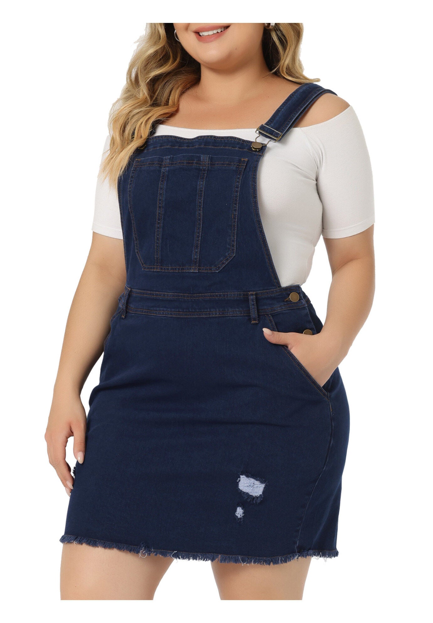 ADJUSTABLE STRAP DISTRESSED DENIM SUSPENDER SKIRT OVERALL DRESS, Dark Blue / Navy, alternate image number 1