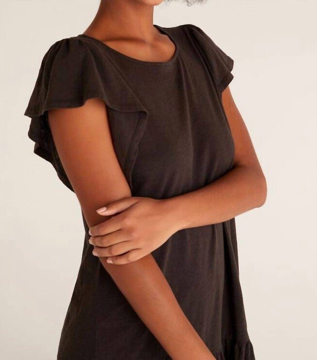 FLUTTER SLUB MINI DRESS IN VINTAGE BLACK, Vintage Black / Black, alternate image number null