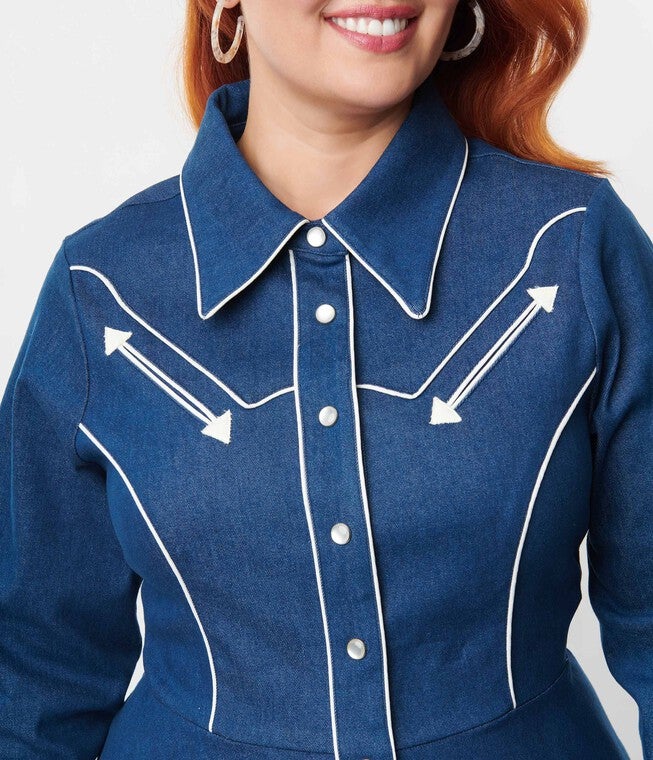 Unique Vintage Denim Western Shirt Swing Dress, Denim / Dark Wash, alternate image number null