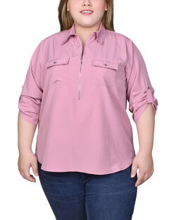 3/4 Roll Tab Sleeve Zip Front Top
