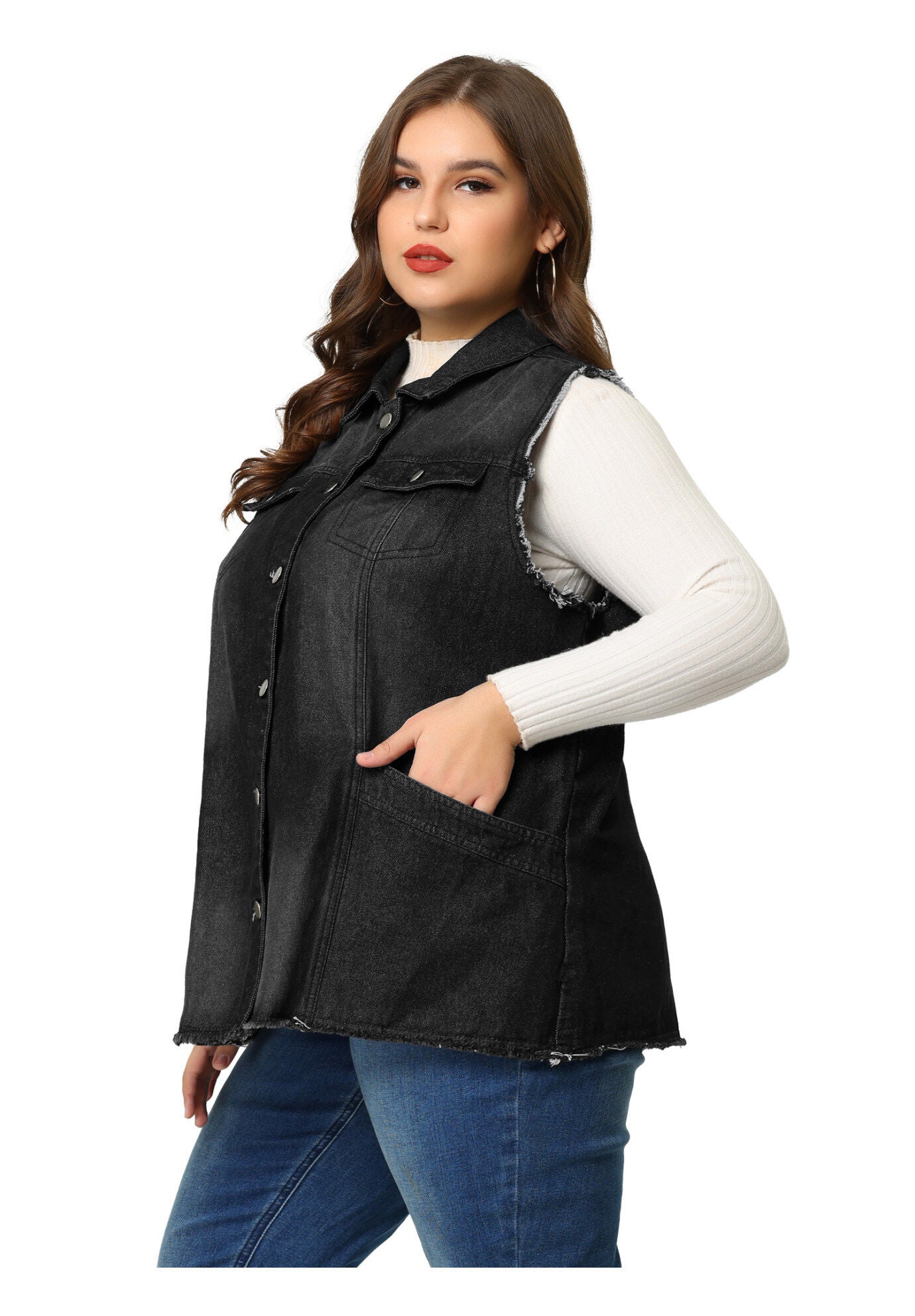 BUTTON FRONT LAPEL FRAYED WASHED SLEEVELESS LONG DENIM VEST, Black / Black, alternate image number 3