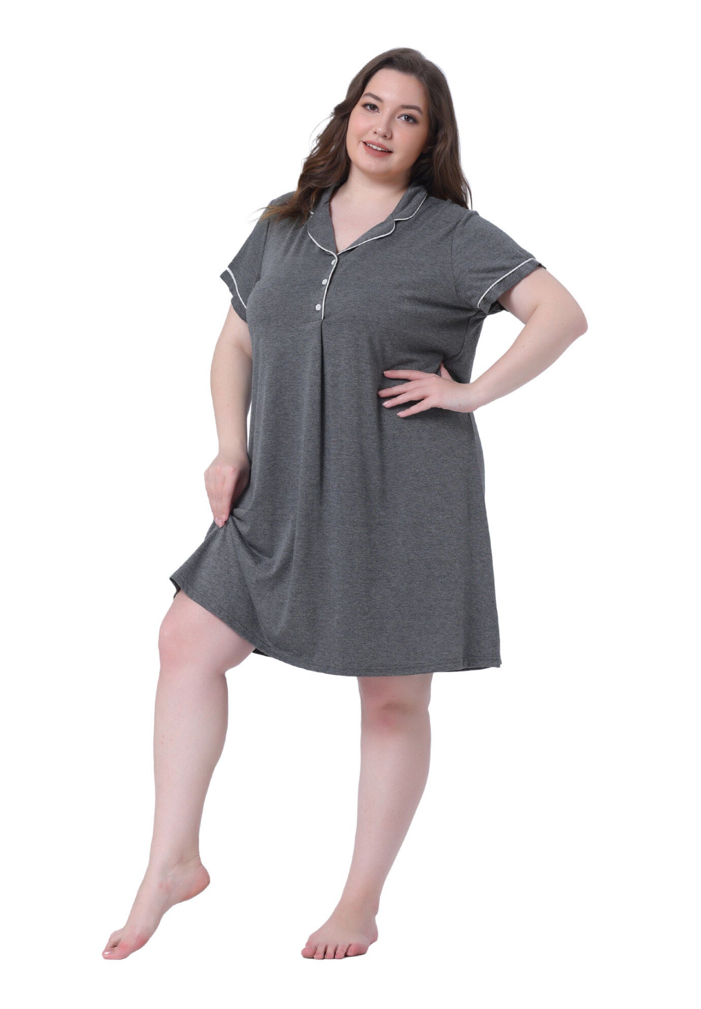 Short Sleeves Pajama Button Down Nightshirt, Dark Gray / Charcoal Grey, hi-res image number 0