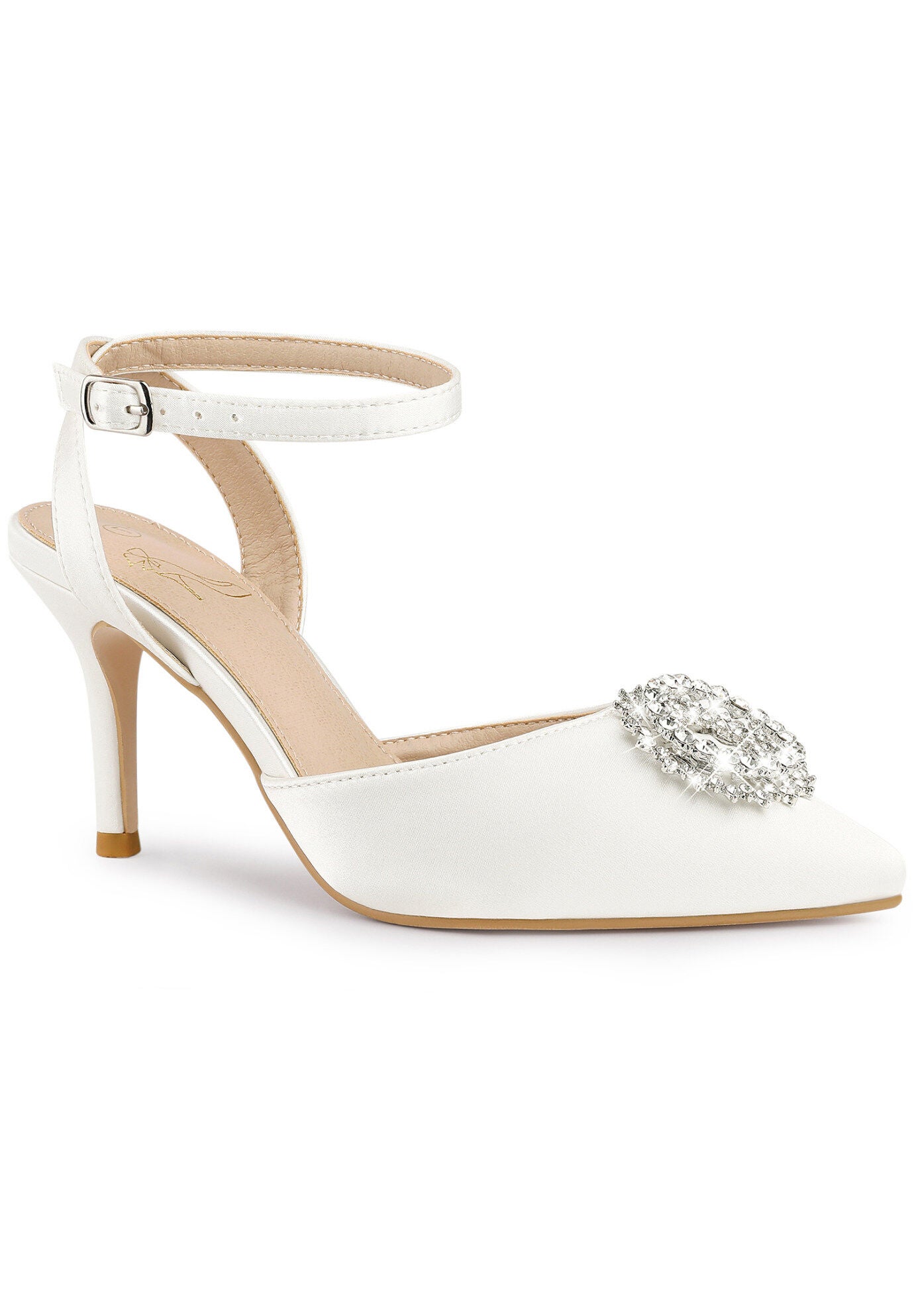 Rhinestones Ankle Strap Stiletto Heel Pumps, White / White, hi-res image number 0