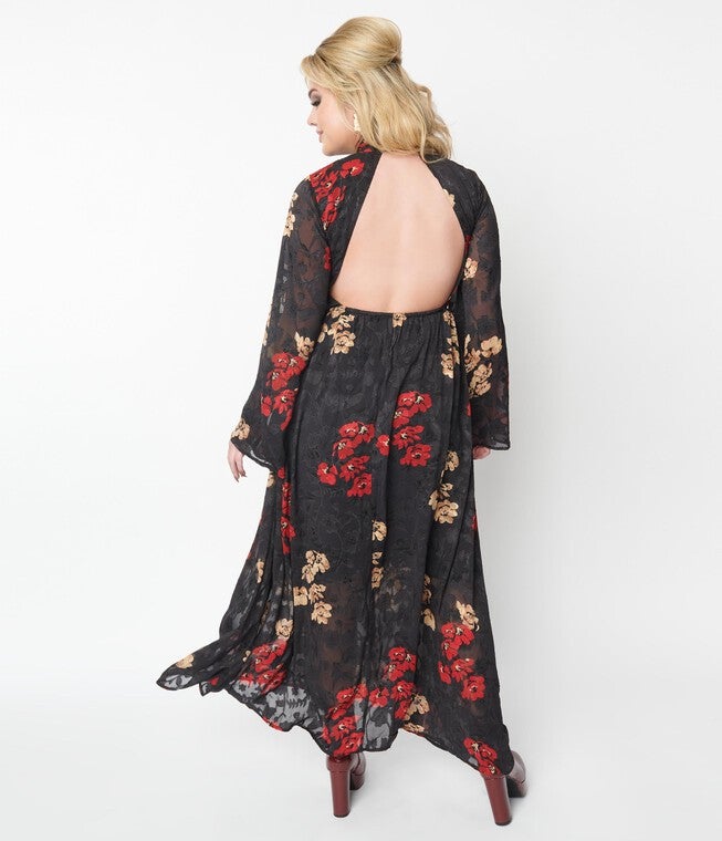Unique Vintage Black Red & Gold Floral Bell Sleeve Maxi Dress, , alternate image number 8