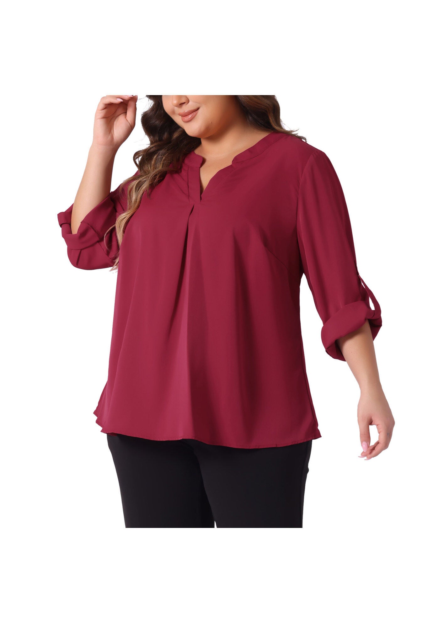 V Neck Rolled Up Sleeves Pleated Back Shirt Chiffon Top, Burgundy / Burgundy, alternate image number 1