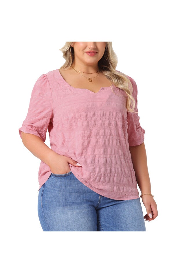 Pleated Notched Short Sleeve Casual Blouse, Pink / Pink, alternate image number 1