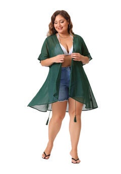 BIKINI COVER UP SHORT SLEEVE TASSEL TIE WAIST KIMONO