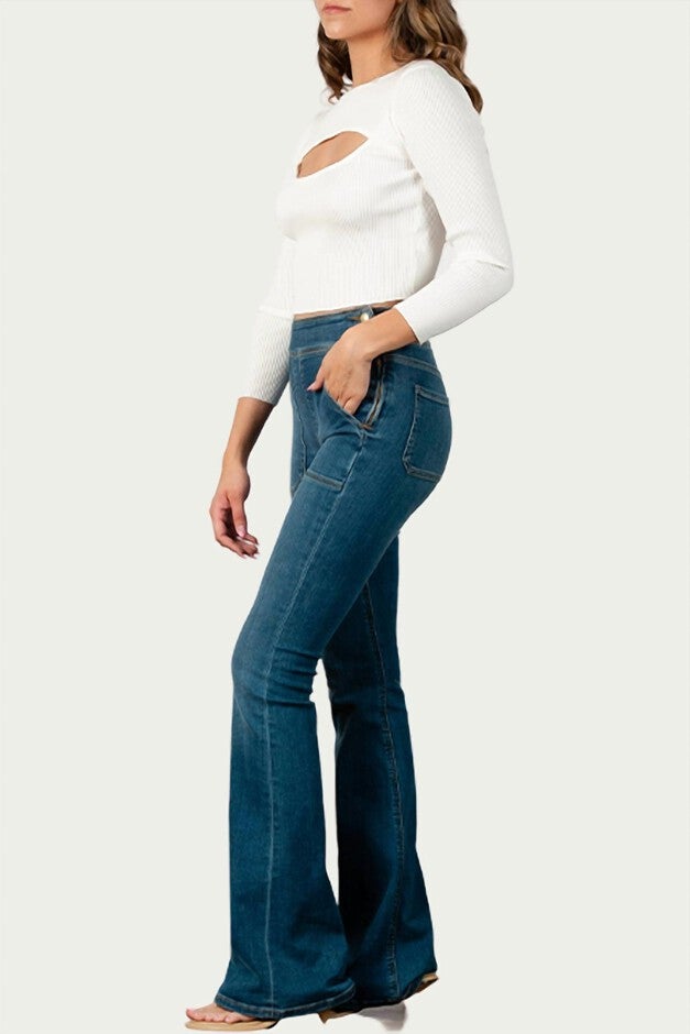 CUTOUT RIBBED STRETCH-KNIT TOP IN WHITE, , alternate image number null