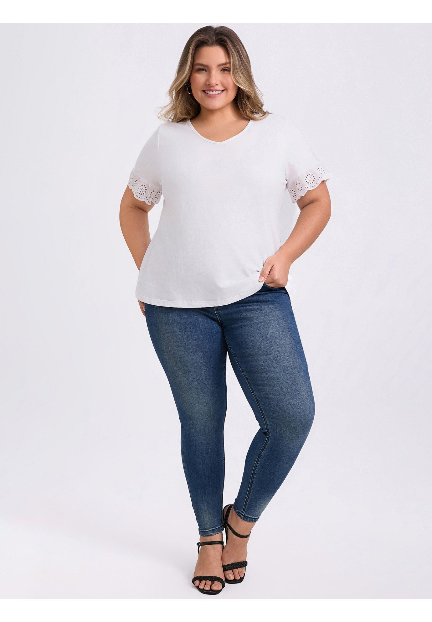 Eyelet Embroidered Lace Short Sleeve Blouse V Neck Top, White / White, alternate image number 1