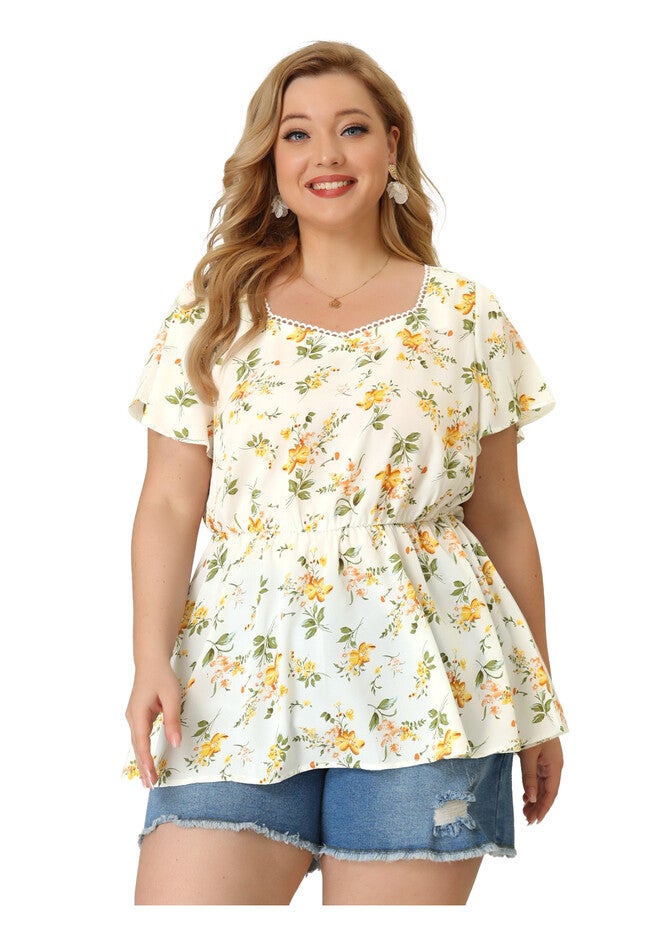 Peplum Top Flare Short Sleeve Sweetheart Neck Summer Floral Blouse, White / White, alternate image number null