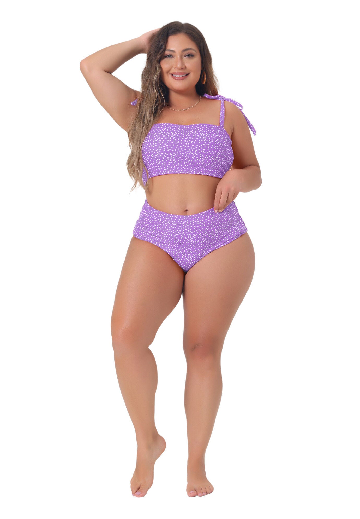 Two Piece Swimsuit Polka Dots Bikini Bandeau, Purple / Purple, hi-res image number 0