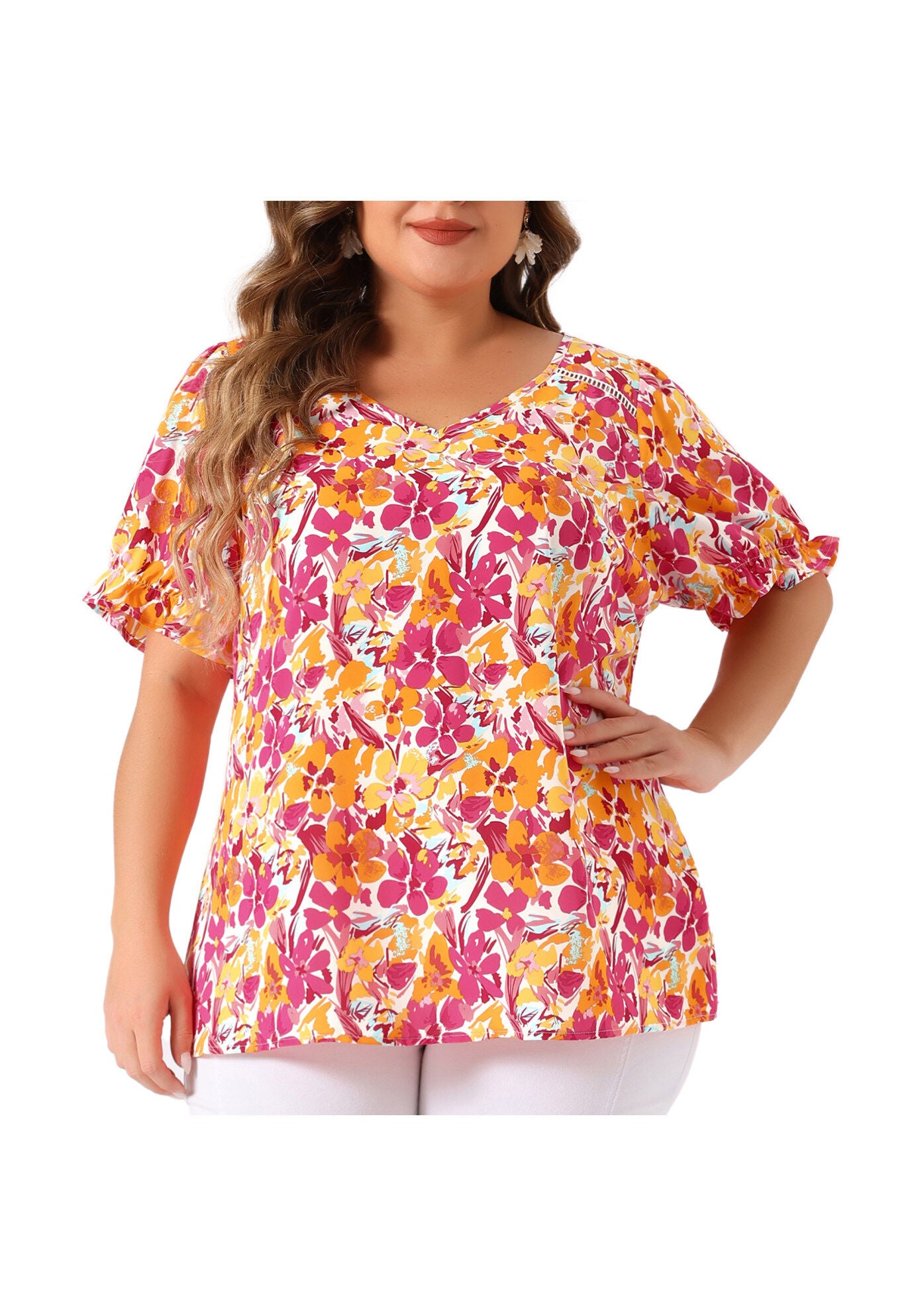 V Neck Ruffle Short Sleeve Chic Summer Blouses, Pink / Pink, alternate image number 2