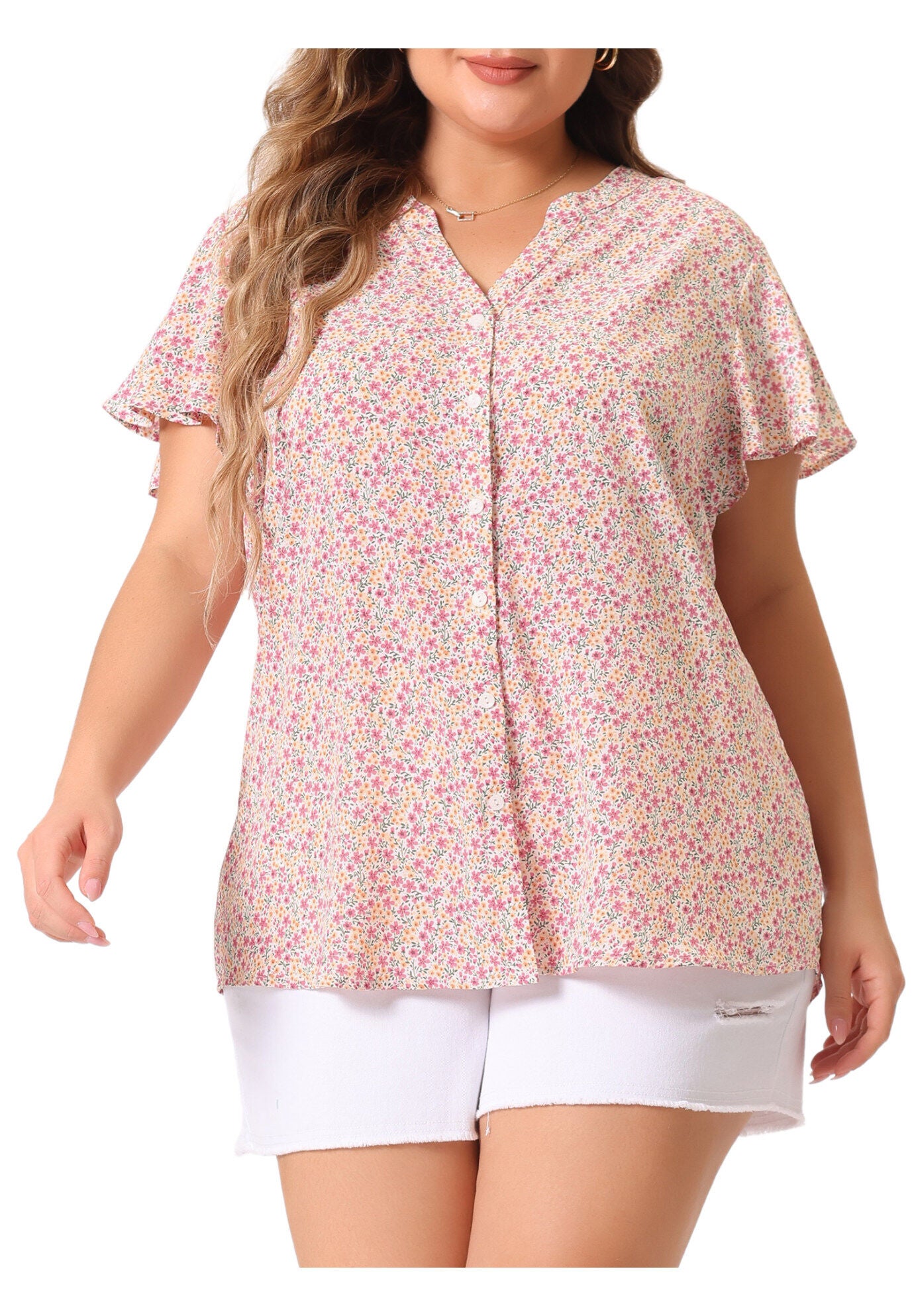 Flare Short Sleeve Button Down Floral Top Chiffon Shirt, Pink / Pink, alternate image number 1