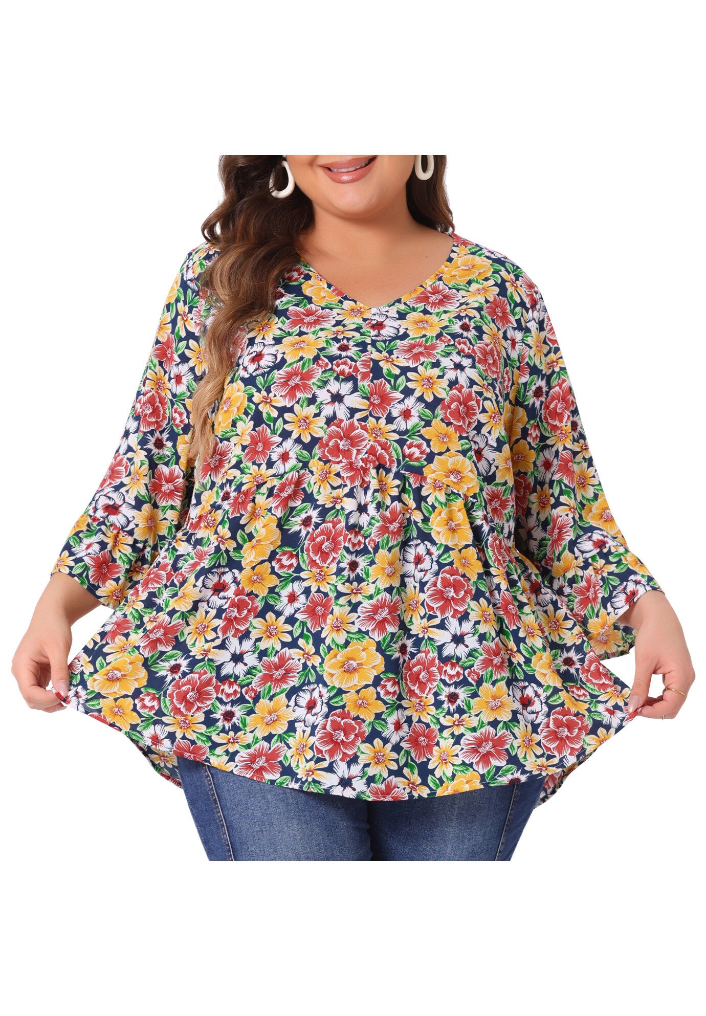 Floral V Neck Ruffle Sleeve Babydoll Peplum Blouse, Yellow / Yellow, alternate image number 1